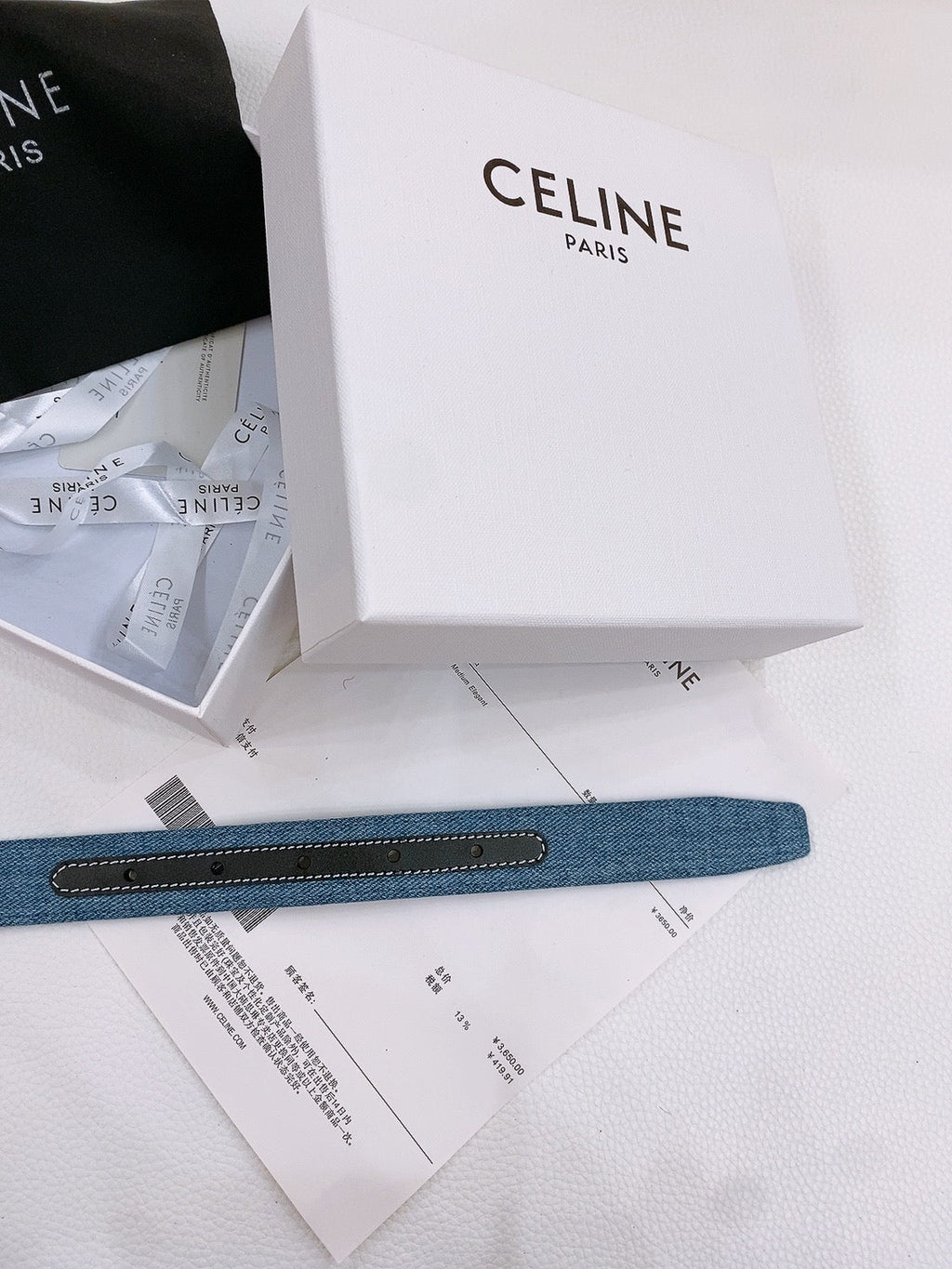 CELINE 25S BELT TRIOMPHE TAURILLON 25MM IN BLACK CALFSKIN AND DENIM 558343