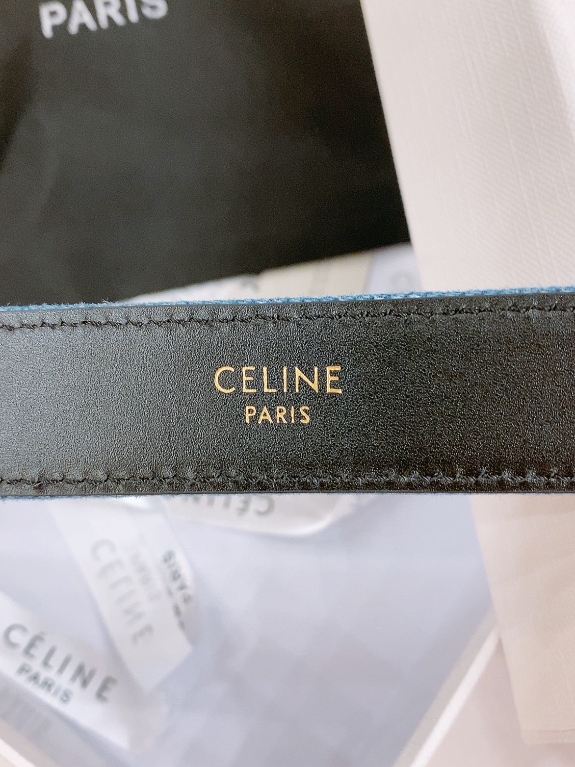 CELINE 25S BELT TRIOMPHE TAURILLON 25MM IN BLACK CALFSKIN AND DENIM 558344