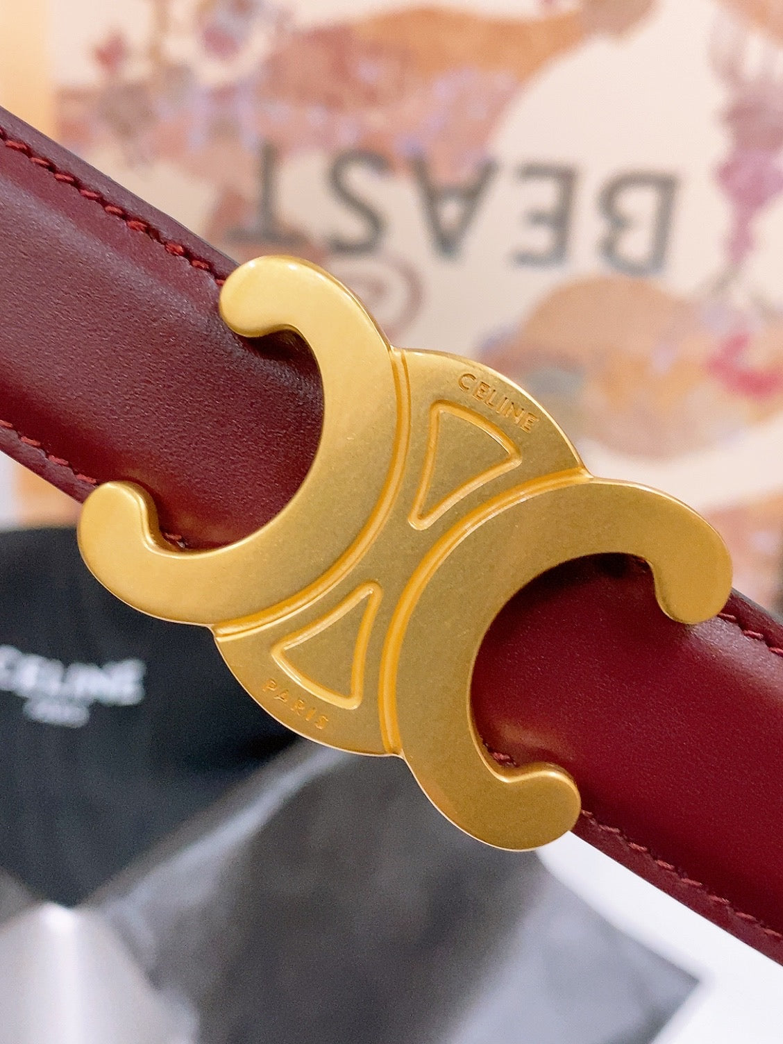 CELINE 25S BELT 25MM REVERSIBLE TRIOMPHE IN BURGUNDY CALFSKIN 565534
