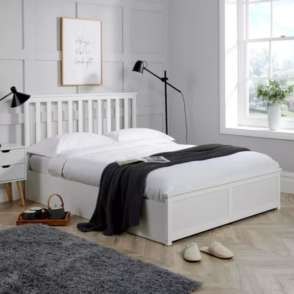 Sleek Ottoman Storage Bed | Double Size Pine End Lift with Gas Lift Mechanism – White Modern Bed Frame