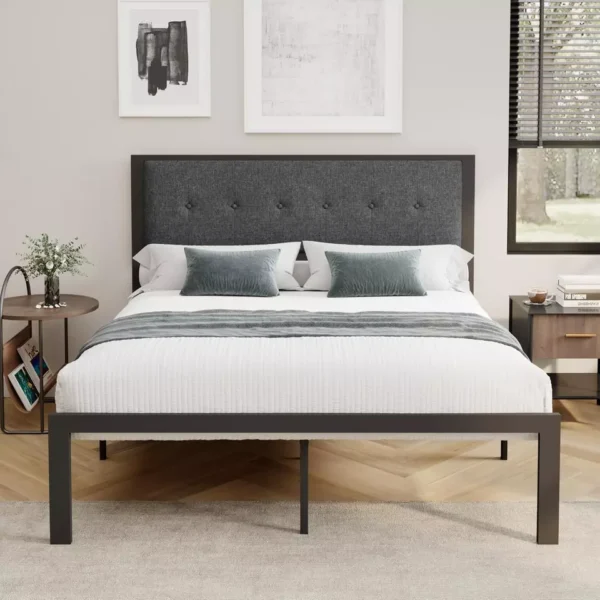 Luxe Upholstered Queen Bed Frame with Pillow-Soft Headboard – No Box Spring Needed | Modern Platform Design